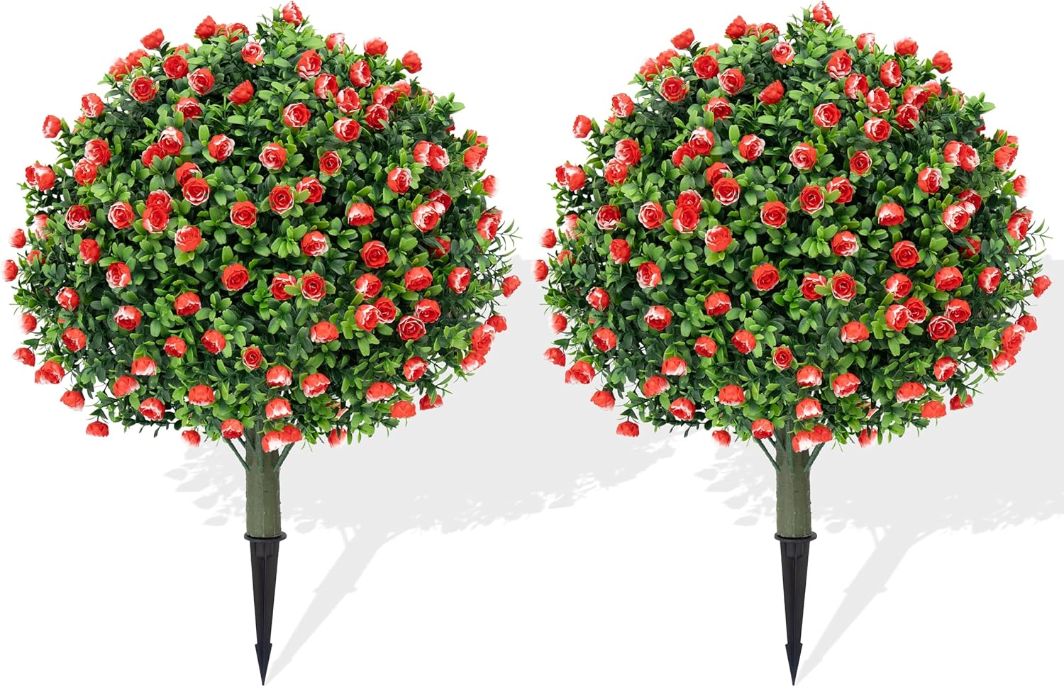 MOOMASS Artificial Rose Topiary Ball Trees Set of 2 24 Inch UV Resistant Fake Evergreen Shrubs with Ground Spike