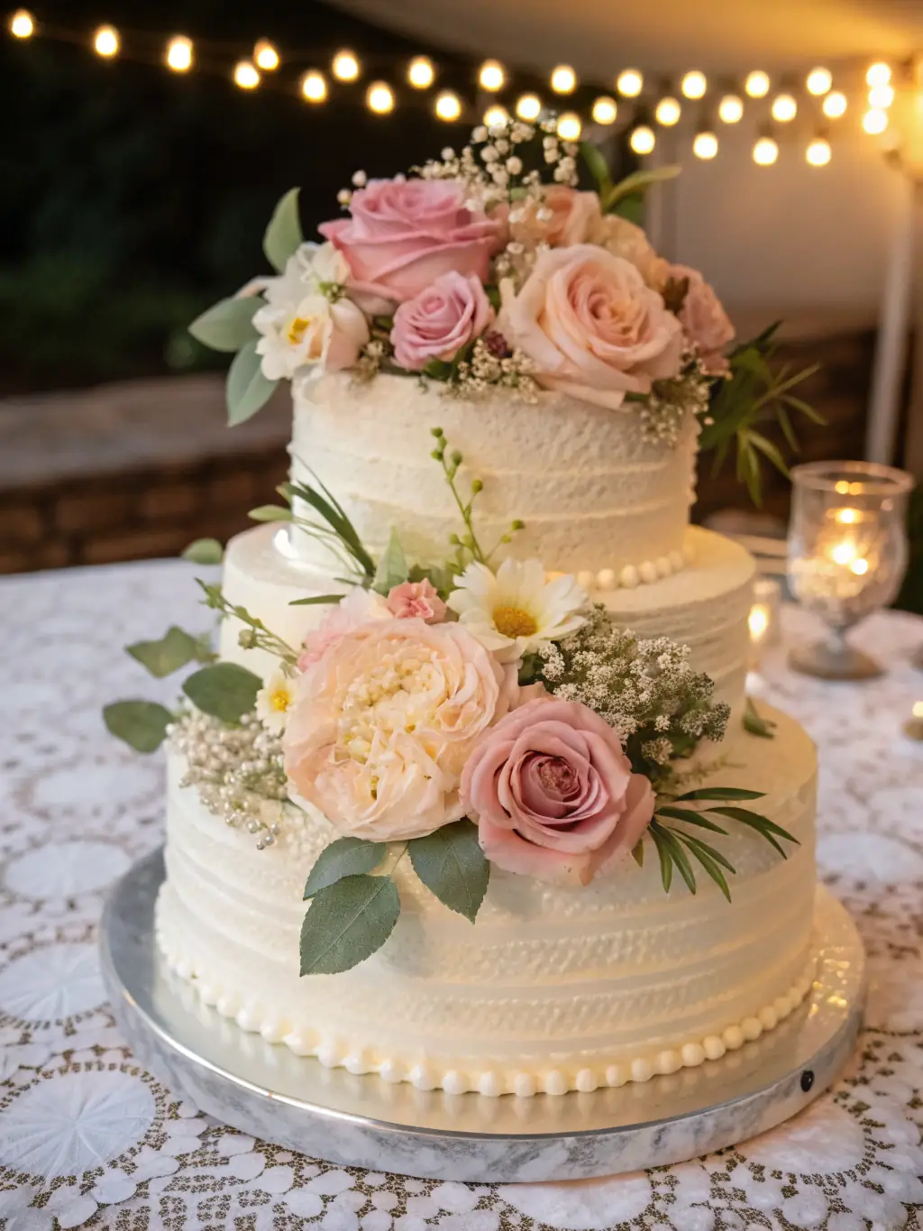A beautifully decorated wedding cake with intricate floral designs, symbolizing the artistry and attention to detail in CULINARYSHORE's wedding menus.