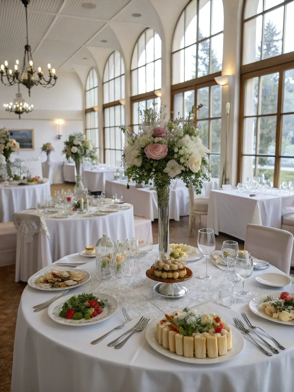 A table setting at a wedding reception, showcasing elegant tableware and gourmet dishes, highlighting the sophisticated dining experience provided by CULINARYSHORE.